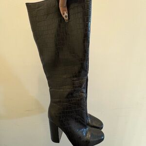 Black Croc-Embossed Knee-High Boots